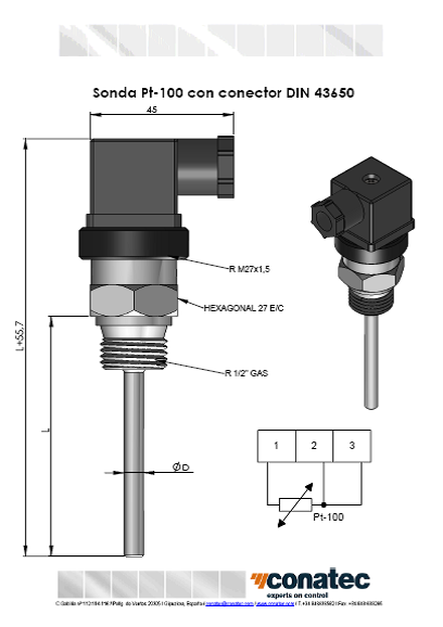 Pt-100 probe with DIN 43650 connector 