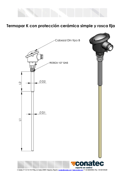 Thermocouple with single ceramic protection and fixed thread